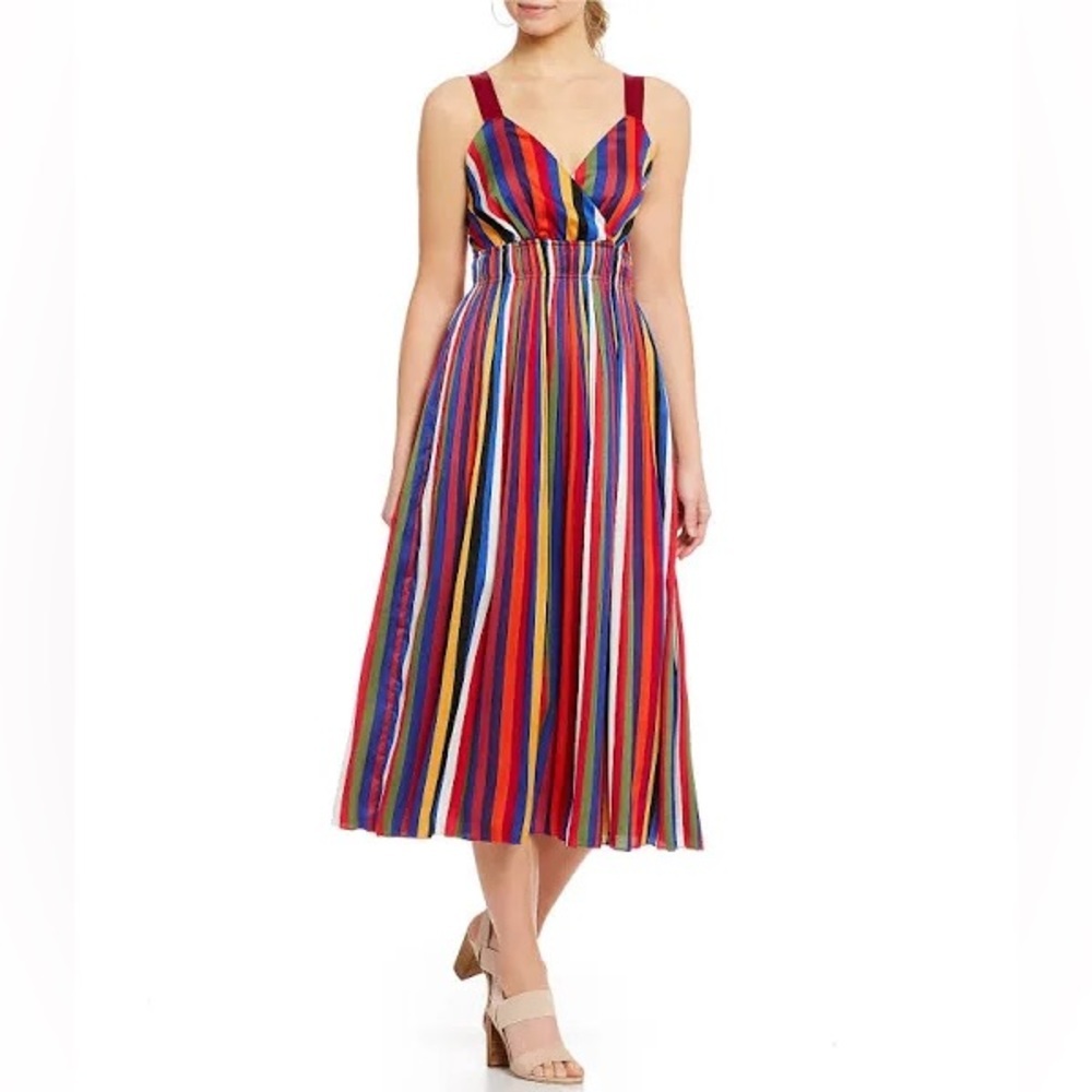 Lucy Paris Aurora Rainbow Stripe Midi Dress | Large | Colorful V-Neck A-Line Sum